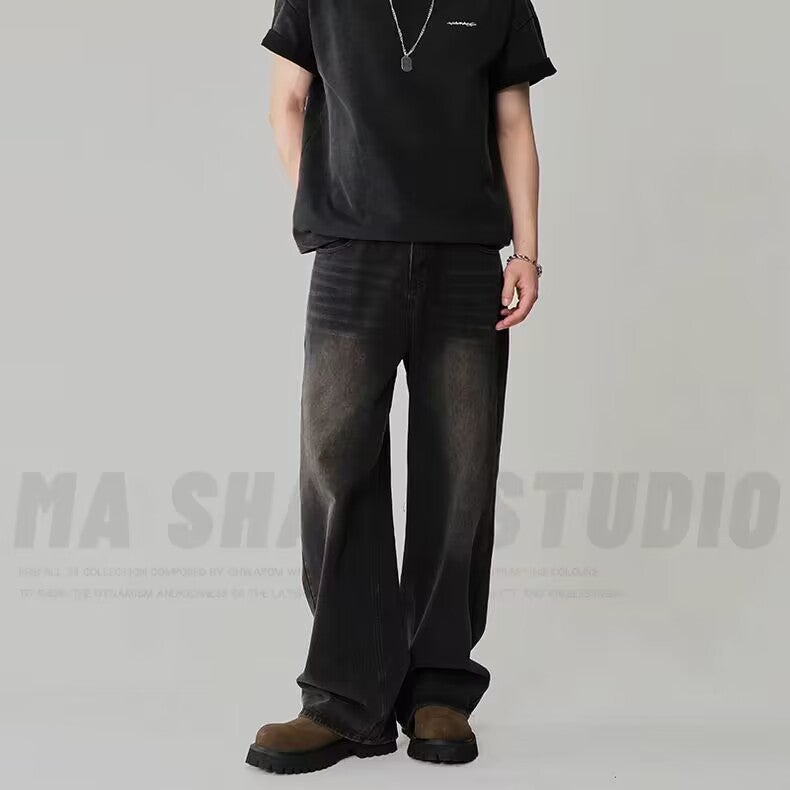 Chinese Retro Blue Washed Jeans For Men, Handsome Korean Style Loose Washed Straight Wide-Leg Floor-Length Pants - Image 1